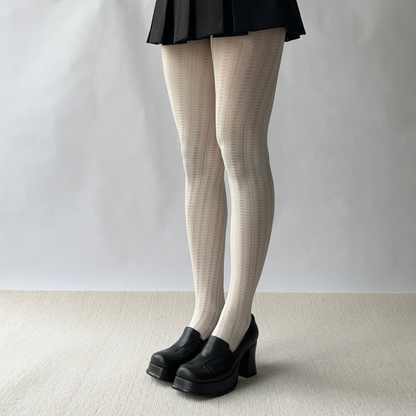 White Textured Heart Pattern Tights