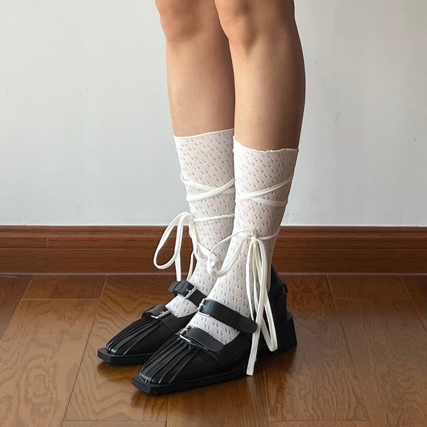 White Lace Up Hollow Out Crew Socks