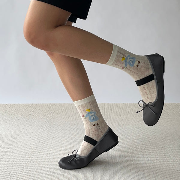 Cream Little Girl's Print Cotton Crew Socks