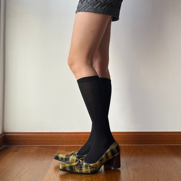 Black Ribbed Cotton Knee High Socks