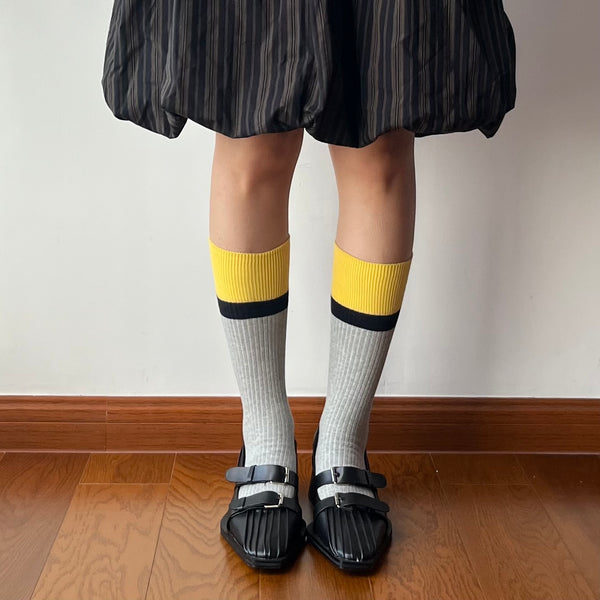 Yellow + Grey Cotton Knee High Socks