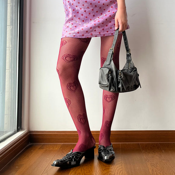 Red Heart Pattern Fishnet Tights