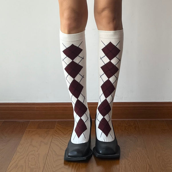 White Check Pattern Cotton Knee High Socks
