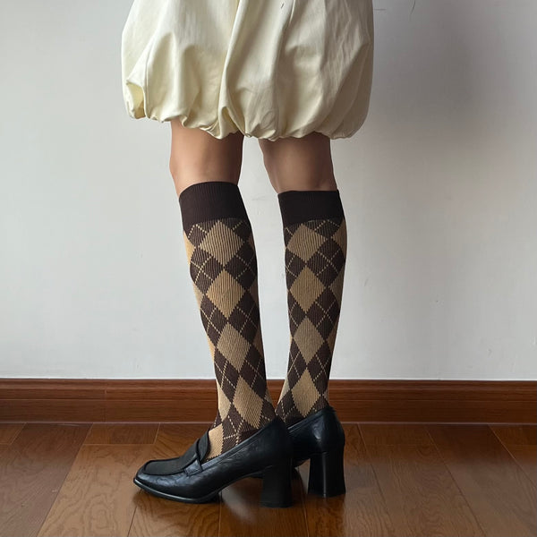 Brown Check Pattern Cotton Knee High Socks