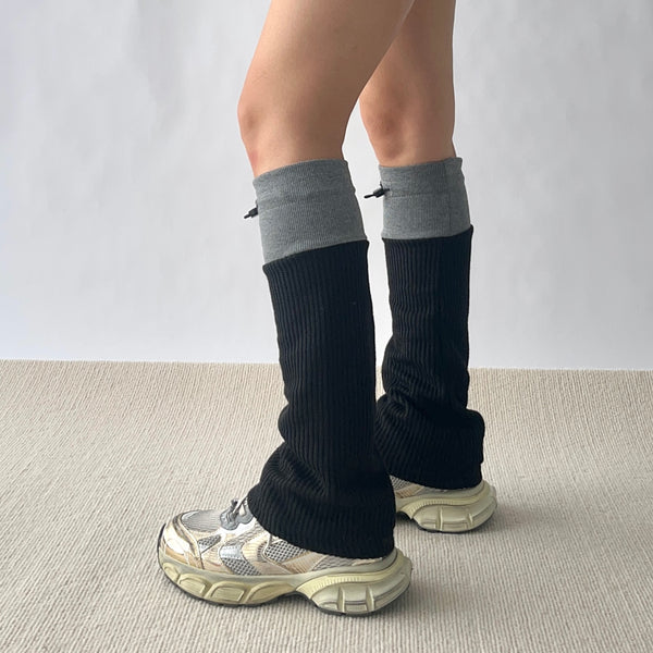 Black Drawstring Cotton Leg Warmers