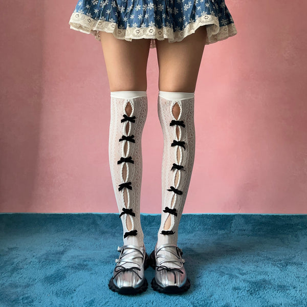 White Cut Out Over the Knee Socks with Black Bows