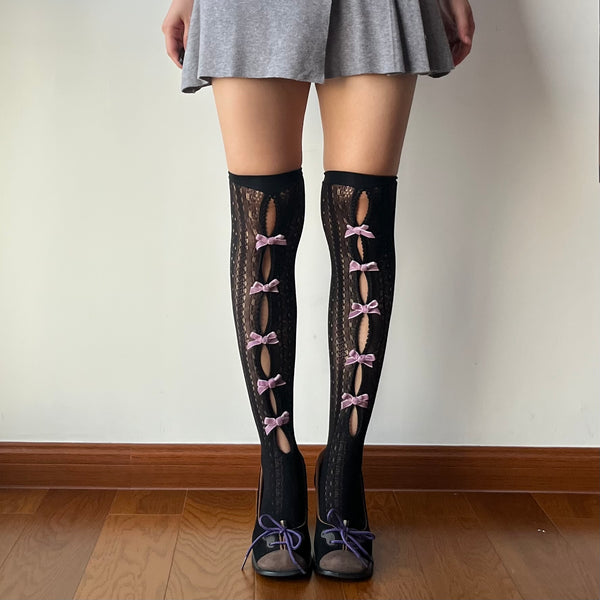 Black Cut Out Over the Knee Socks with Purple Bows