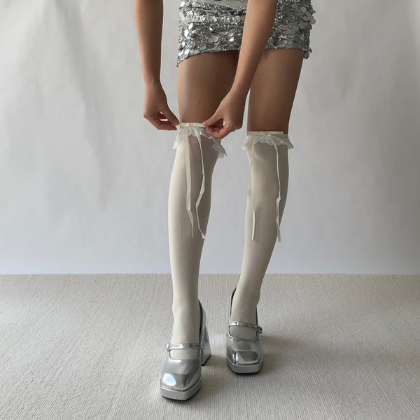 Cream Ruffle Over the Knee Socks