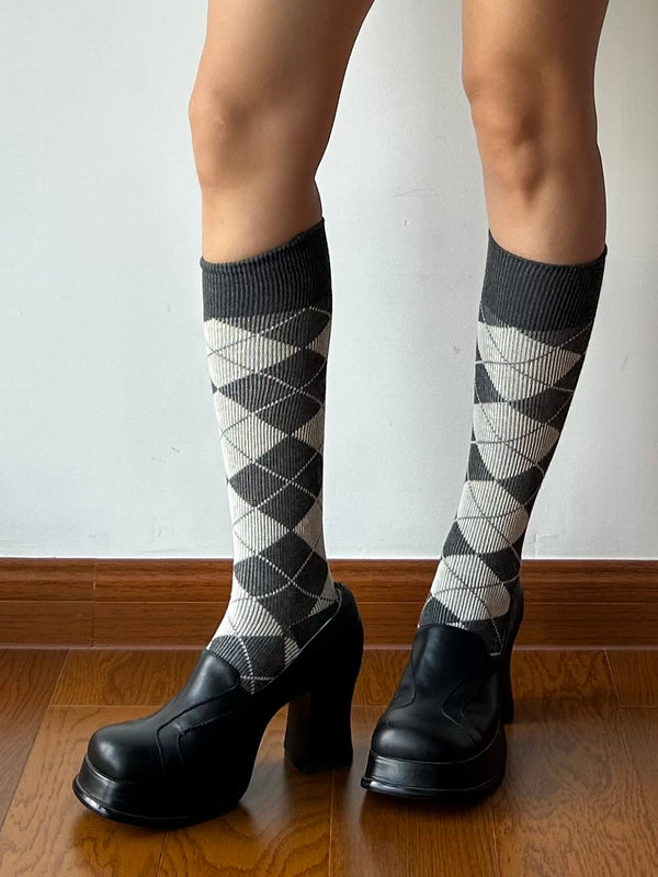 Grey Check Pattern Combed Cotton Knee High Socks