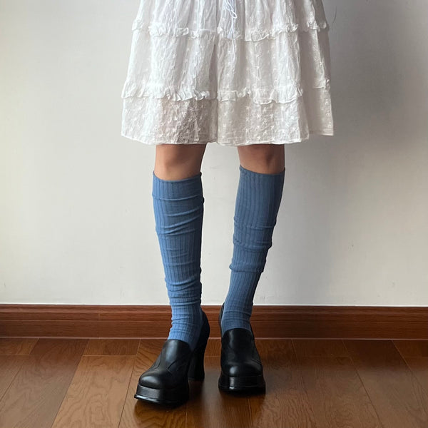 Blue Cable Textured Cotton Over the Knee Socks