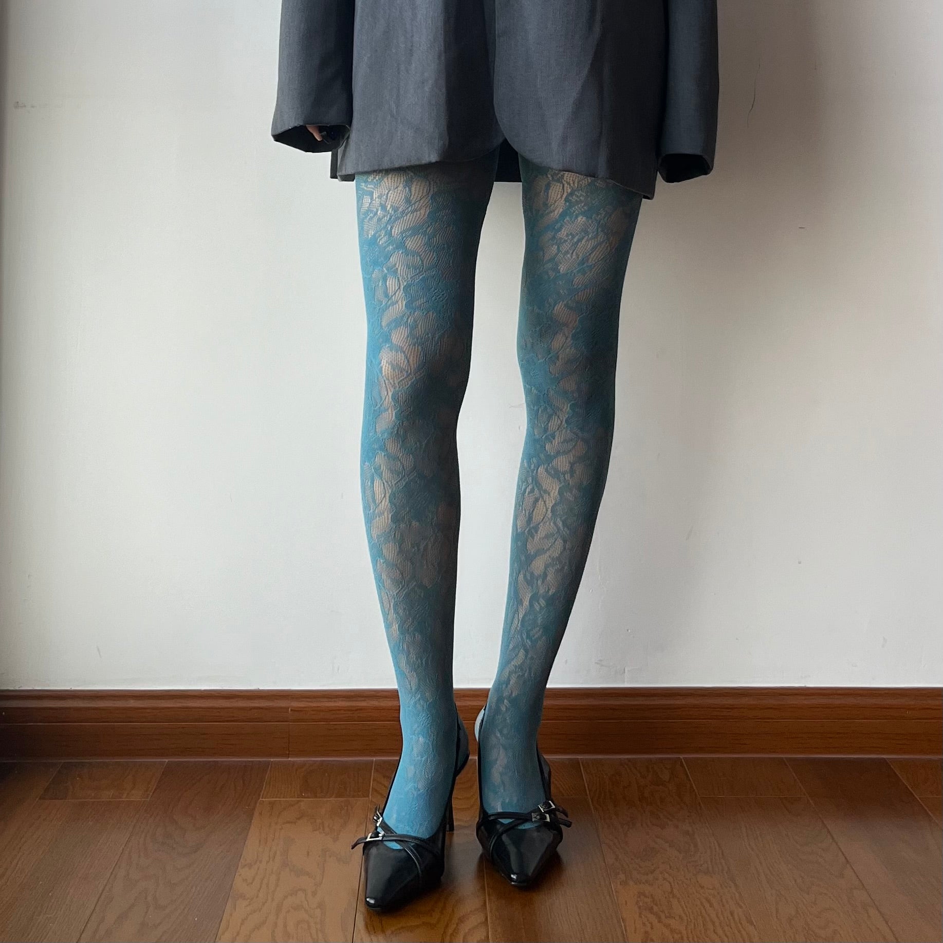 Lake Blue Floral Pattern Fishnet Tights Purple Floral Pattern Fishnet Tights