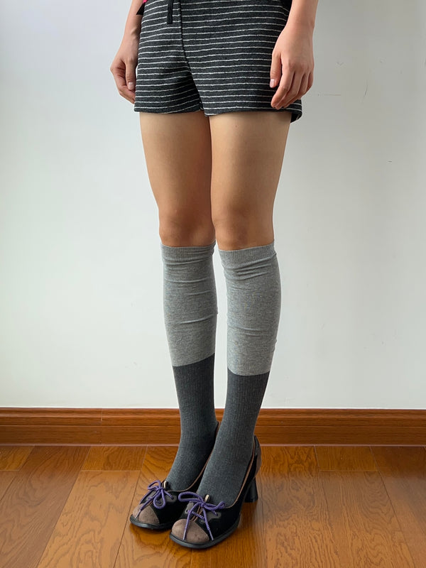 Grey Contrasting Cotton Over the Knee Socks