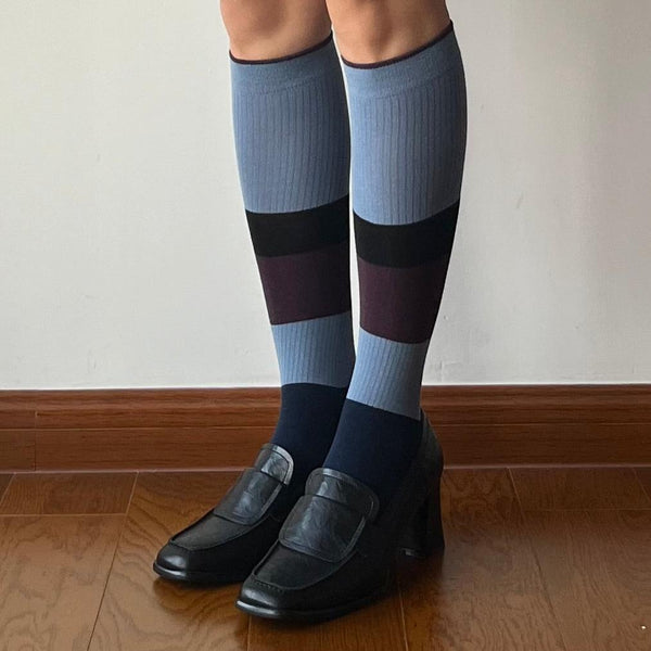 Blue Contrasting Colour Knee High Socks