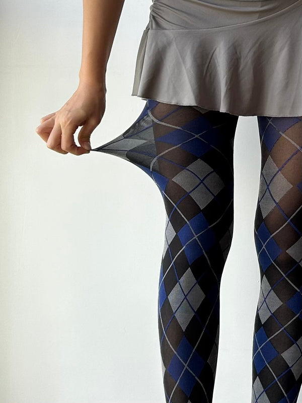 Vintage Style Blue Check Pattern Tights