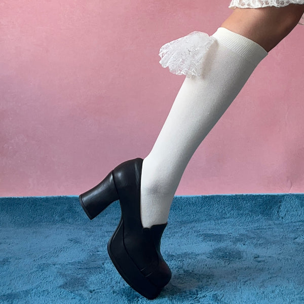 White Lace Deco Knee High Cotton Knee High Socks