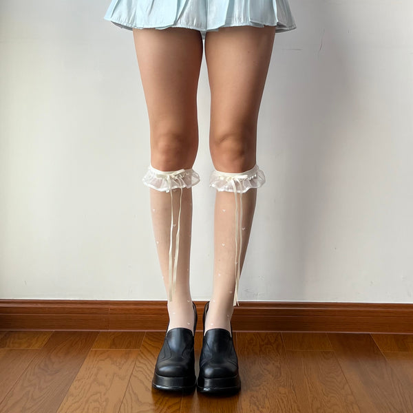 White Ruffle Heart Pattern Sheer Knee High Socks