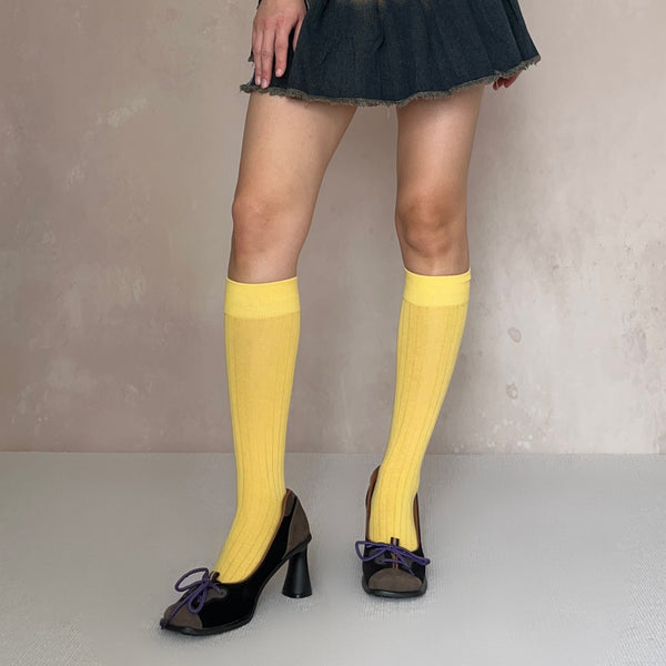 Yellow Cotton Knee High Socks