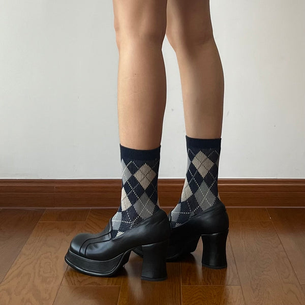 Blue Check Pattern Cotton Crew Socks