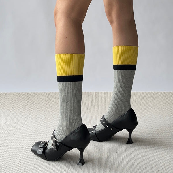 Yellow + Grey Cotton Knee High Socks