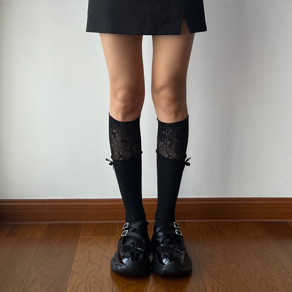 Black Lace Edge Cotton Crew Socks