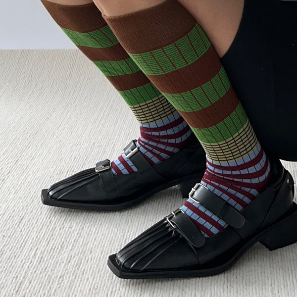 Green + Brown Stripe Cotton Knee High Socks