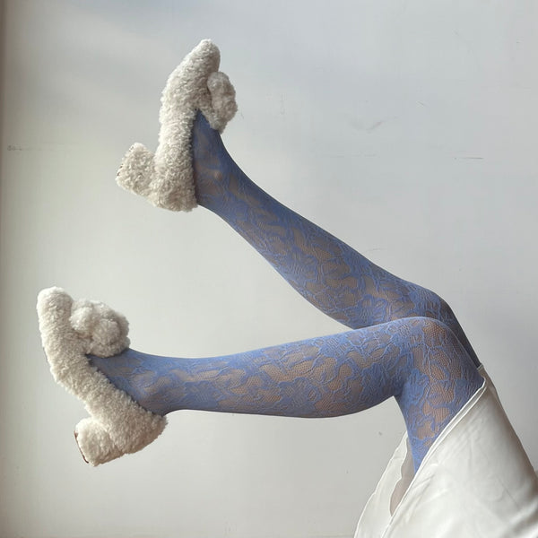 Purple Blue Floral Pattern Fishnet Tights