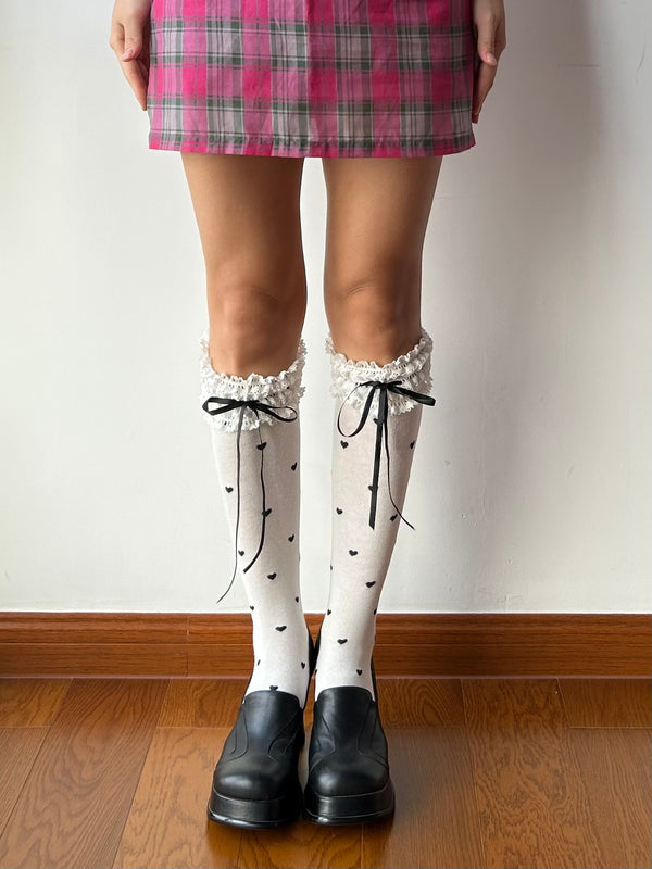 White Ruffle Heart Pattern Cotton Knee High Socks