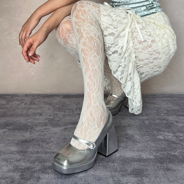 Beige Floral Pattern Fishnet Tights