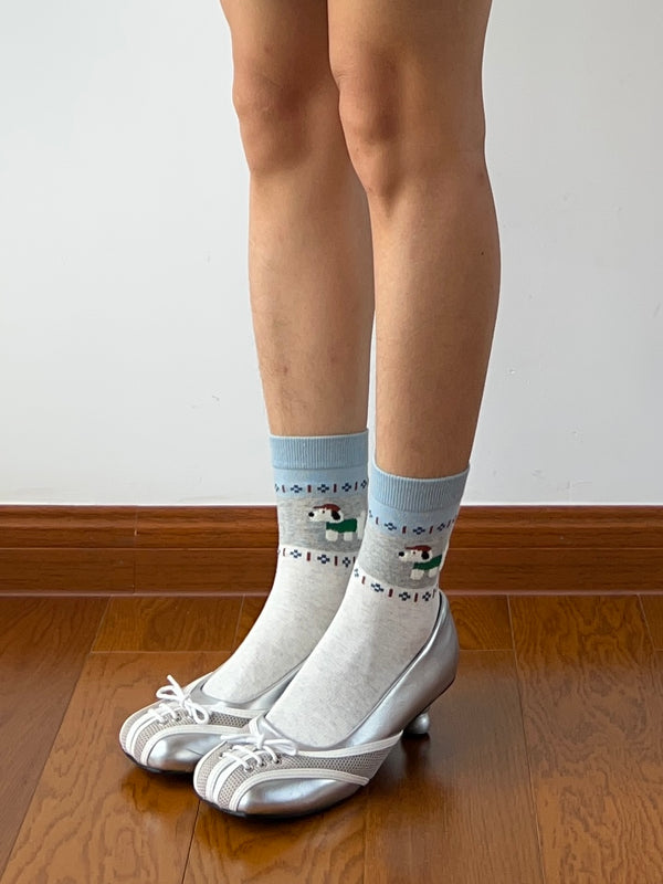 Blue Edge Puppy Print Cotton Crew Socks