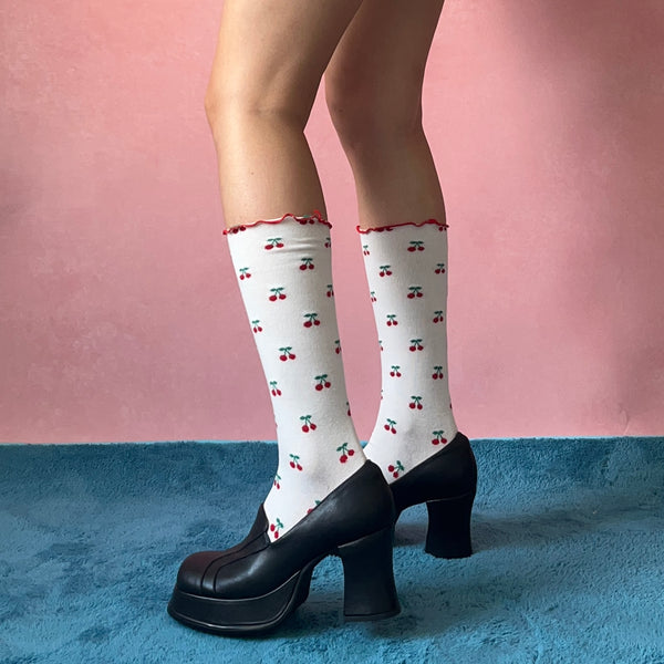 White Cherry Pattern Trimmed Cotton Knee High Socks