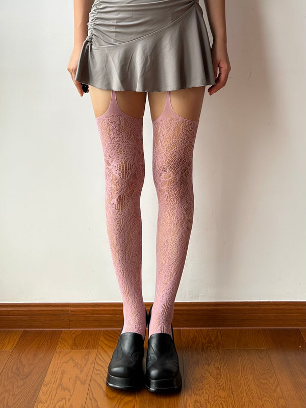 Pink Floral Pattern Stockings with Suspender