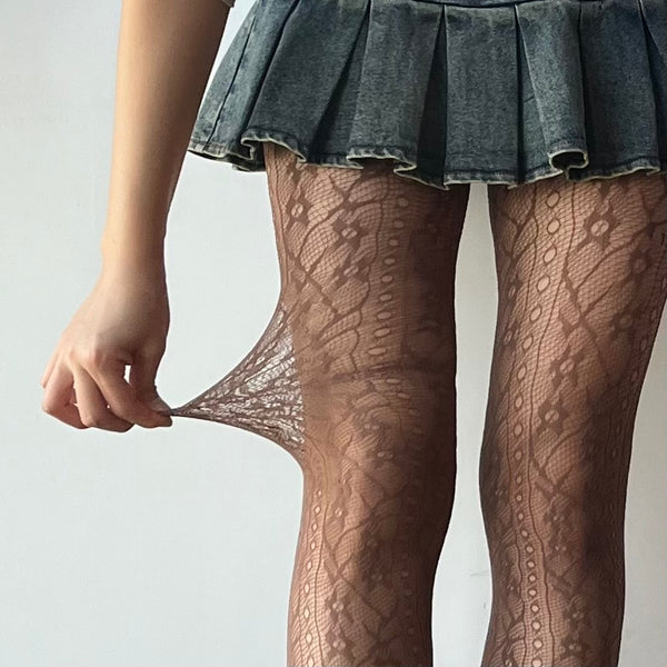 Brown Floral Pattern Fishnet Tights