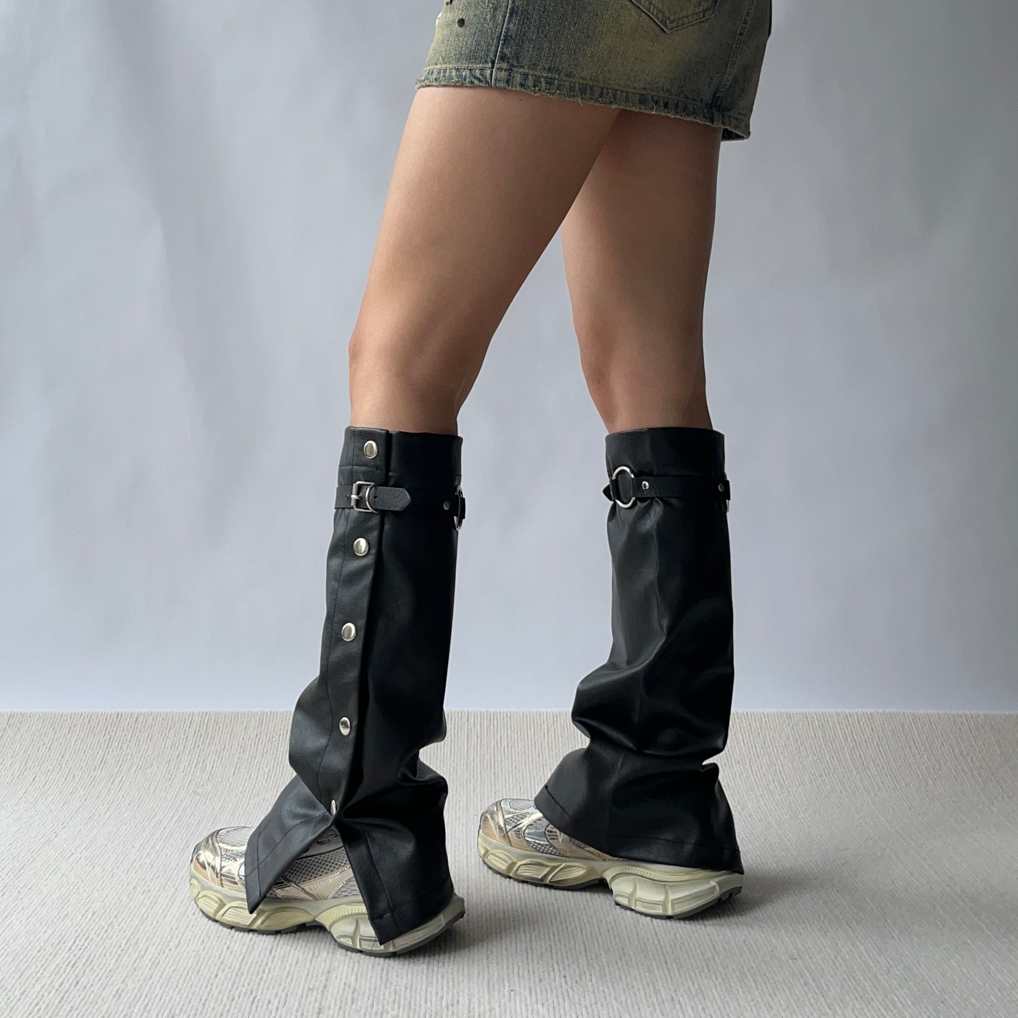 Black Faux Leather Buckle Leg Warmers – Moody MuMu