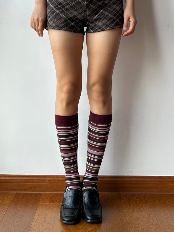Burgundy Stripe Cotton Knee High Socks