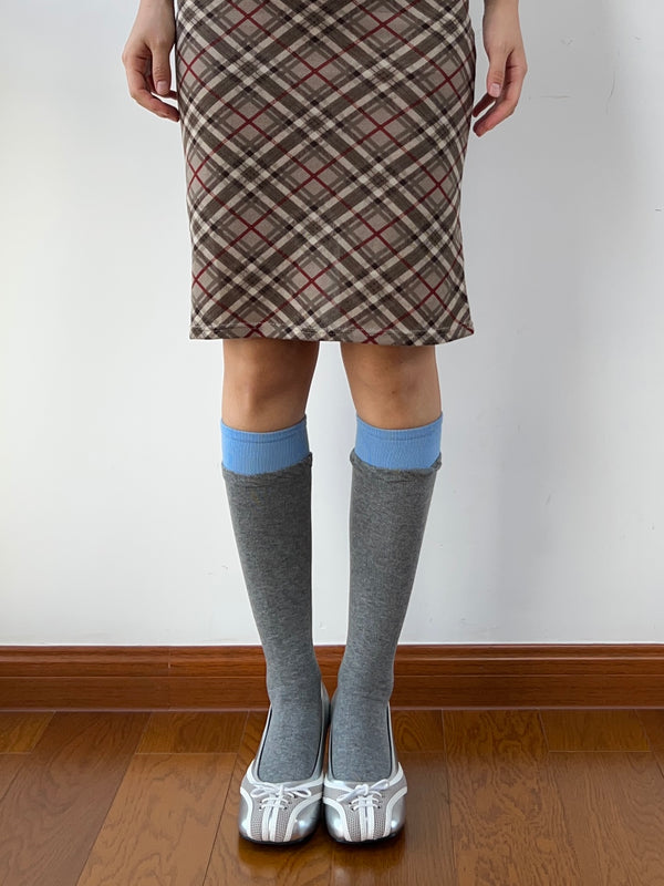 Blue Edge Gray Cotton Knee High Socks