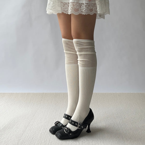 Beige Cotton Over the Knee Socks