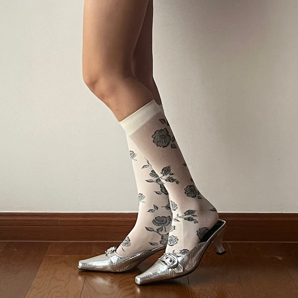 White Floral Velvet Knee High Socks