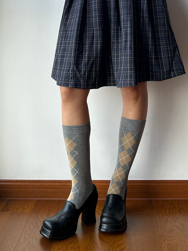 Grey Check Pattern Cotton Mid-calf Socks