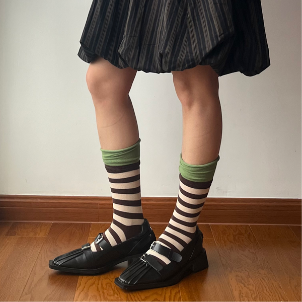 Green+Brown Stripe Crew Socks