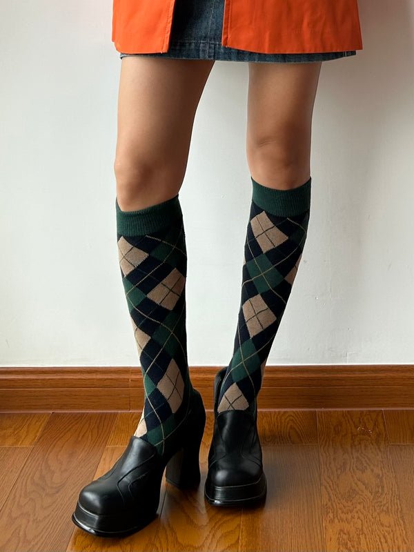 Green Check Pattern Knee High Socks