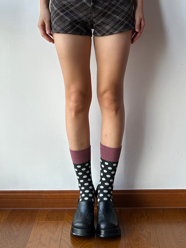 Purple Edge Polka Dots Pattern Cotton Crew Socks
