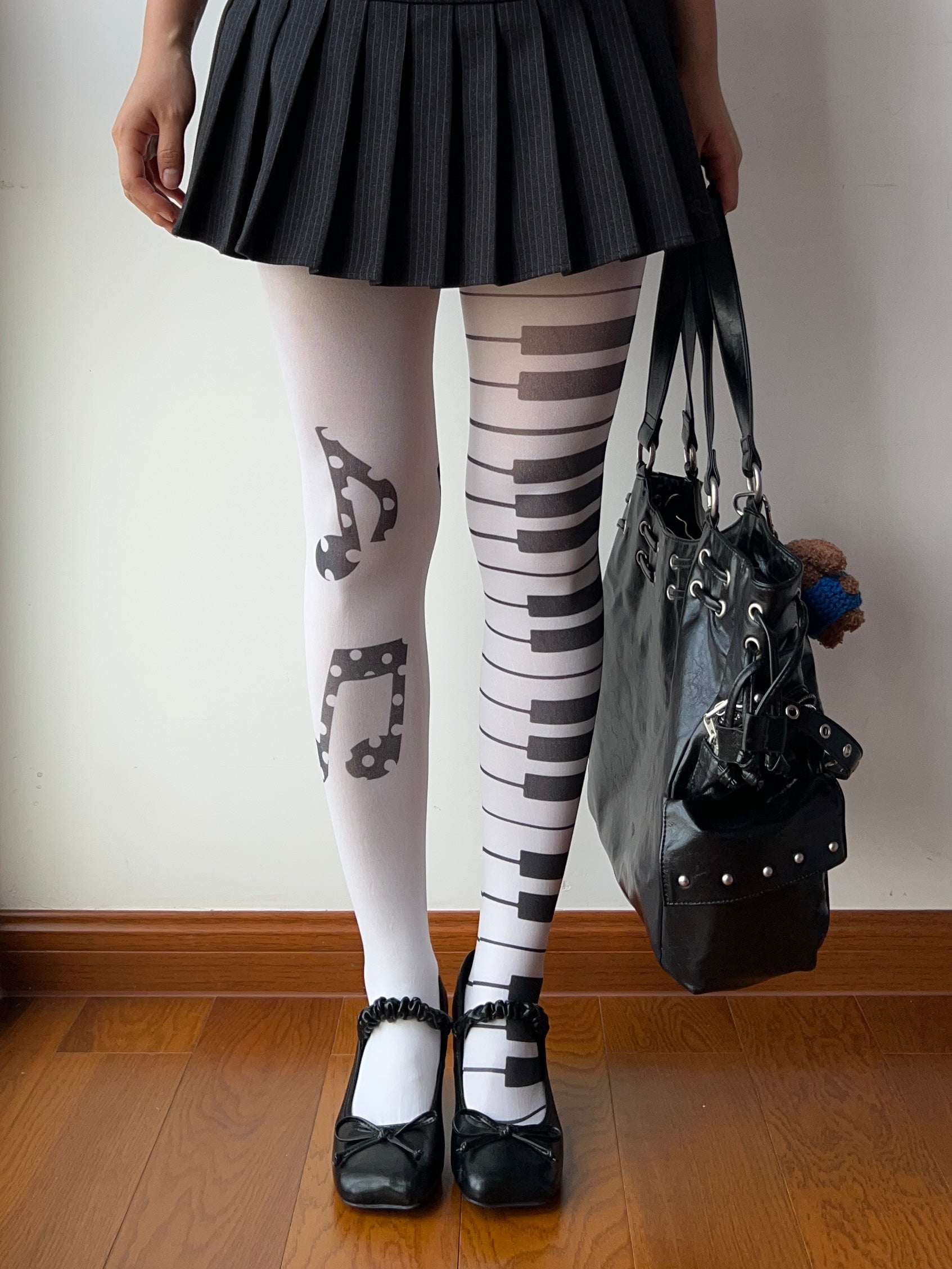 White Asymmetric Piano Pattern Print Tights – Moody MuMu