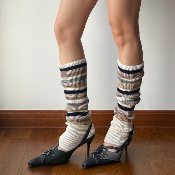 Beige Stripe Knitted Leg Warmers