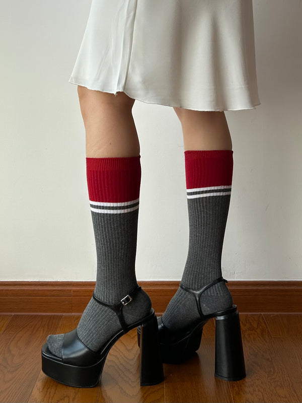 Red + Grey Cotton Knee High Socks