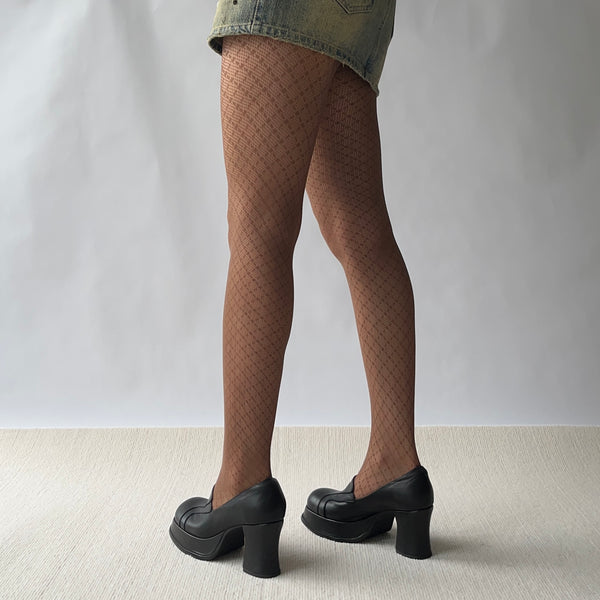 Brown Check Pattern Fishnet Tights