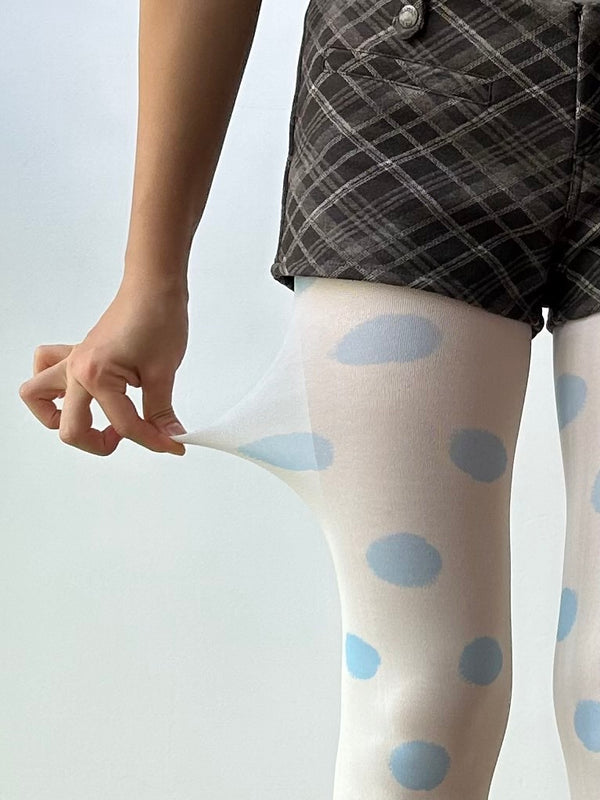 White Brushstroke Polka Dots Print Velvet Tights