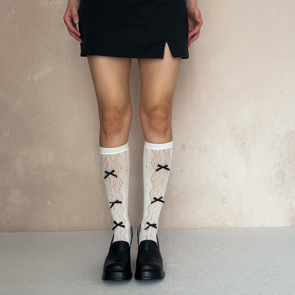 White Bow Deco Fishnet Knee High Socks