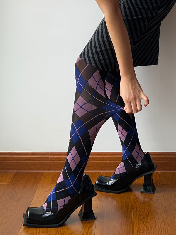 Vintage Style Purple Check Pattern Tights
