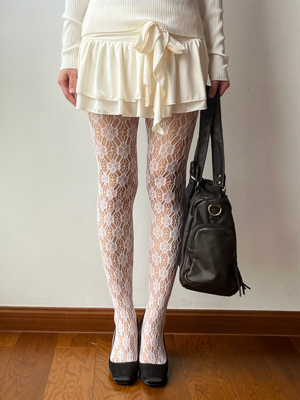 White floral pattern hollow out fishnet tights