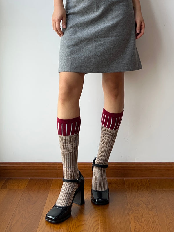 Burgundy+Khaki Cotton Knee High Socks
